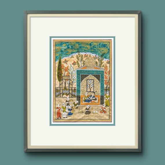 Bahram Gur in the Azure Pavilion - A Royal Scene from Nizami’s Khamsa, Capturing the Elegance, Symbolism, Mysticism of Persian Miniature Art