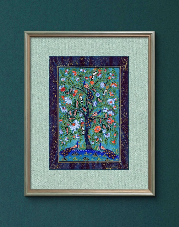 Tree of Paradise - Hoopoe Bird Miniature Painting on Antique Fine Silk Paper | Central Asian Cultural Heritage | Luxury Home Decor (MATTED)