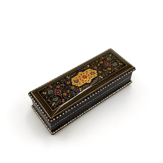 Papier-Mache Lacquered Jewelry Box - Handcrafted Ultra Fine Patterns over Gold Leaf Plated Elegance | Luxury Velvet-Lined | Unique Tiny Box