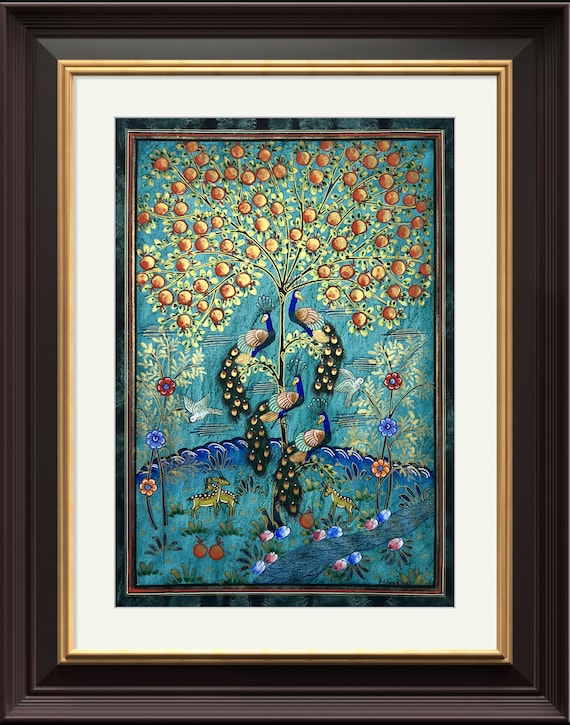 Tree of Paradise - Hoopoe Bird Miniature Painting on Antique Fine Silk Paper | Central Asian Cultural Heritage | Luxury Home Decor (MATTED)