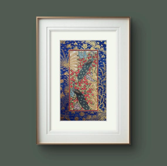 Tree of Paradise - Hoopoe Bird Miniature Painting on Antique Fine Silk Paper | Central Asian Cultural Heritage | Luxury Home Decor (MATTED)