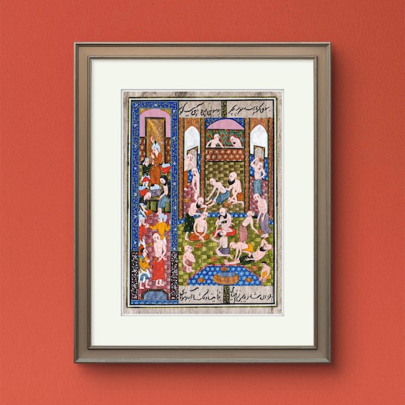 Hammam “Public Bathhouse” Illustration of Shahnameh - Persian Miniature Art | Gold Leaf | Masterpiece of Cultural Heritage l Decor UNFRAMED