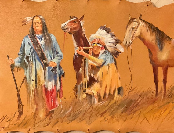 Art Fine Oil Painting Leather Art Wooden Handmade Native American Art Portrait Horse