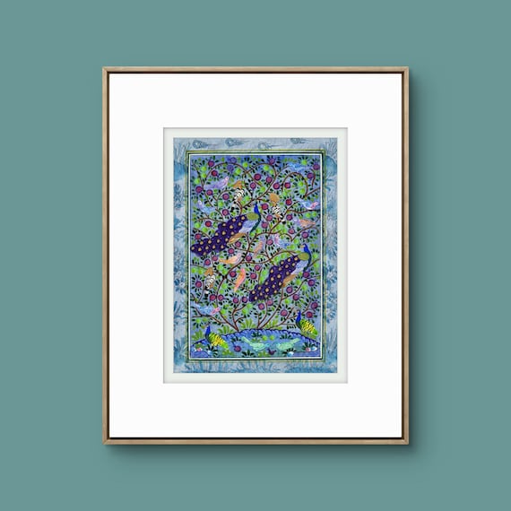 Tree of Paradise - Hoopoe Bird - Pomegranates Miniature Painting on Paper | Central Asian Cultural Heritage | Luxury Home Decor Art (MATTED)