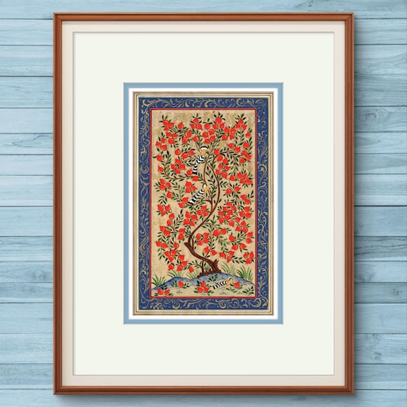 Tree of Paradise - Hoopoe Bird Miniature Painting on Antique Fine Silk Paper | Central Asian Cultural Heritage | Luxury Home Decor*UNFRAMED*