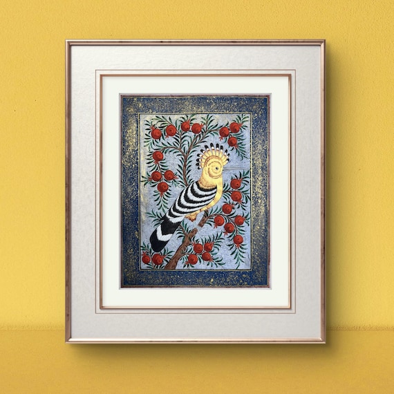 Tree of Paradise - Hoopoe Bird Miniature Painting on Antique Fine Silk Paper | Central Asian Cultural Heritage | Luxury Home Decor (MATTED)