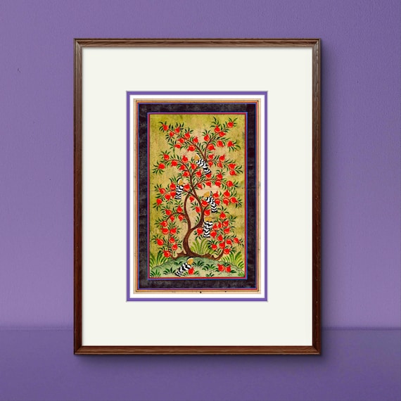 Tree of Paradise - Miniature Painting on Antique Fine Silk Paper | Central Asian Cultural Heritage | Luxury Home Decor (UNFRAMED)