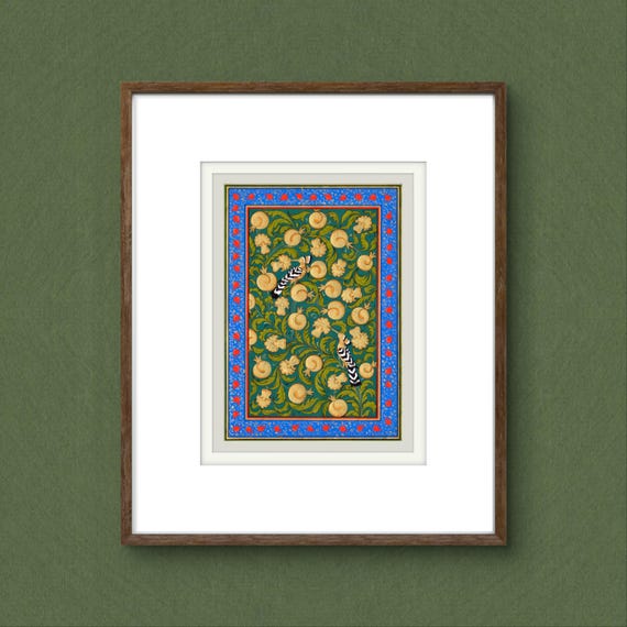 Tree of Paradise - Hoopoe Bird Miniature Painting on Antique Fine Silk Paper | Central Asian Cultural Heritage | Luxury Home Decor (MATTED)