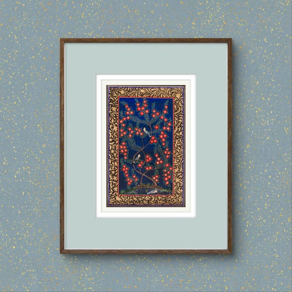 Unique Piece made on 2014-Tree of Paradise - Hoopoe Bird | Miniature Painting on Fine Black Matte Paper | Luxury Home Decor UNFRAMED