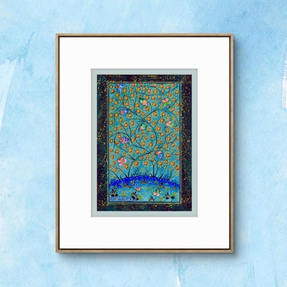 Tree of Paradise - Hoopoe Bird - Pomegranates Miniature Painting on Paper | Central Asian Cultural Heritage | Luxury Home Decor Art (MATTED)