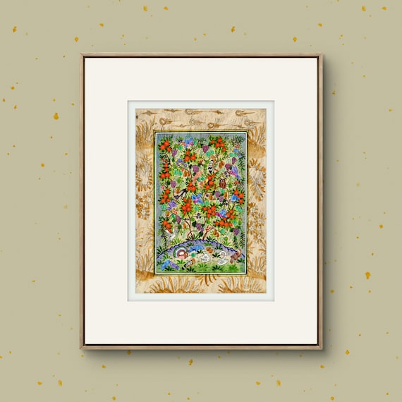 Tree of Paradise - Hoopoe Bird - Pomegranates Miniature Painting on Paper | Central Asian Cultural Heritage | Luxury Home Decor Art (MATTED)