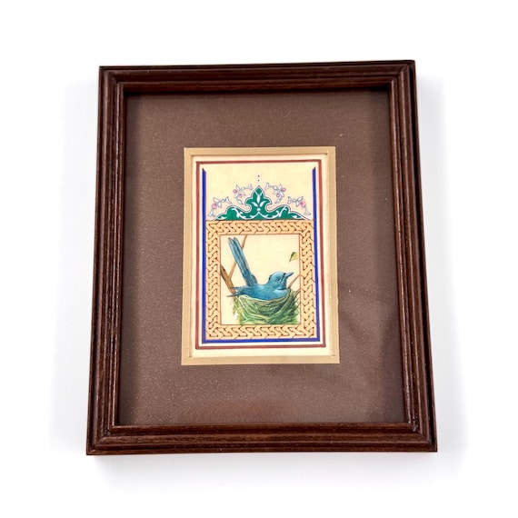 Ultra Fine Detailed Tiny Bird Painting - Exclusively Handcrafted Fine Walnut Frame | Luxury Interior Decoration - Micro Detailed Masterpiece