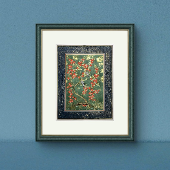 Tree of Paradise - Hoopoe Bird Miniature Painting on Antique Fine Silk Paper | Central Asian Cultural Heritage | Luxury Home Decor (MATTED)