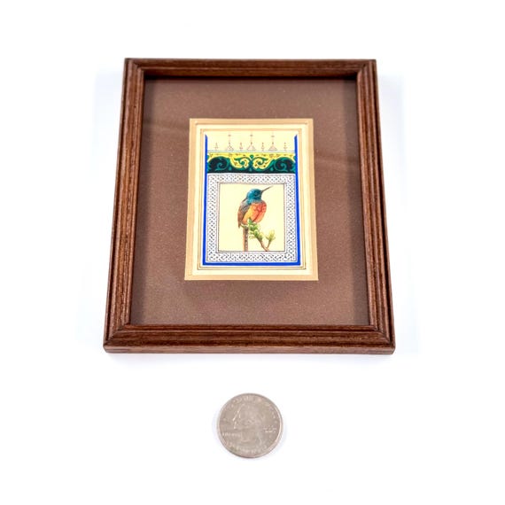 Ultra Fine Detailed Tiny Bird Painting - Exclusively Handcrafted Fine Walnut Frame | Luxury Interior Decoration - Micro Detailed Masterpiece