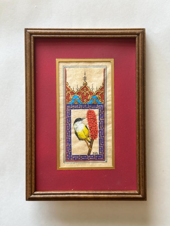 Ultra Fine Detailed Tiny Bird Painting - Exclusively Handcrafted Fine Walnut Frame | Luxury Interior Decoration - Micro Detailed Masterpiece