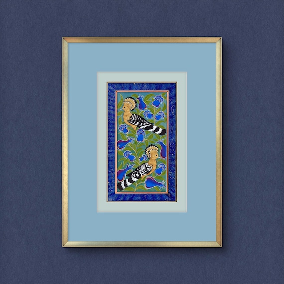 Tree of Paradise - Hoopoe Bird Miniature Painting on Antique Fine Silk Paper | Central Asian Cultural Heritage | Luxury Home Decor (MATTED)