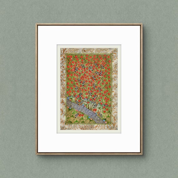 Tree of Paradise - Hoopoe Bird - Pomegranates Miniature Painting on Paper | Central Asian Cultural Heritage | Luxury Home Decor Art (MATTED)