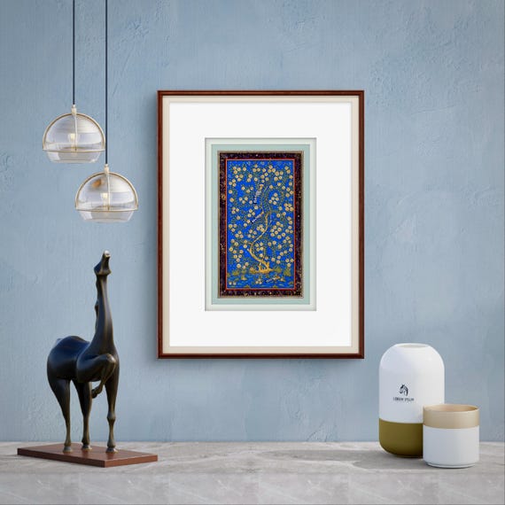 Tree of Paradise - Hoopoe Bird Miniature Painting on Antique Fine Silk Paper | Central Asian Cultural Heritage | Luxury Home Decor (MATTED)