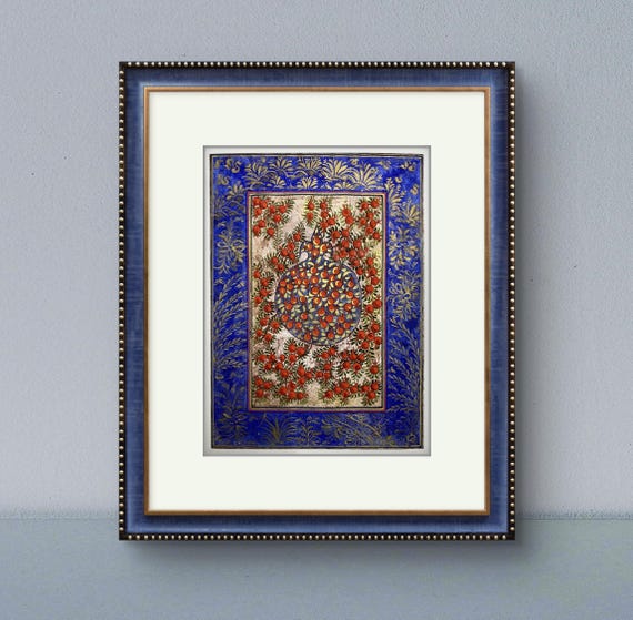 Tree of Paradise - Hoopoe Bird Miniature Painting on Antique Fine Silk Paper | Central Asian Cultural Heritage | Luxury Home Decor (MATTED)