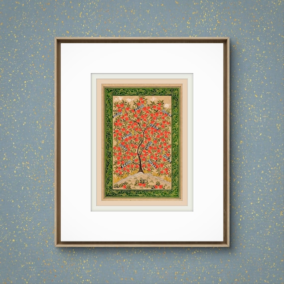 Tree of Paradise - Hoopoe Bird Miniature Painting on Antique Fine Silk Paper | Central Asian Cultural Heritage | Luxury Home Decor (MATTED)