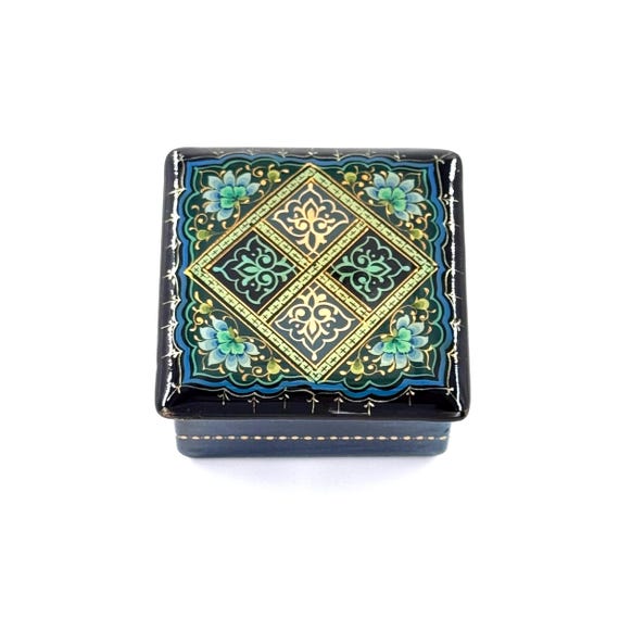 Papier-Mache Lacquered Jewelry Box - Handcrafted Ultra Fine Patterns over Gold Leaf Plated Elegance | Luxury Velvet-Lined | Unique Tiny Box