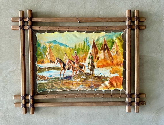 Timeless Spirit of the Great Plains – Oil Painting on Stretched Leather with Rustic Wooden Frame, A Tribute to Native American Heritage Art