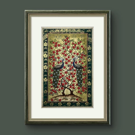 Tree of Paradise - Hoopoe Bird Miniature Painting on Antique Fine Silk Paper | Central Asian Cultural Heritage | Luxury Home Decor (MATTED)