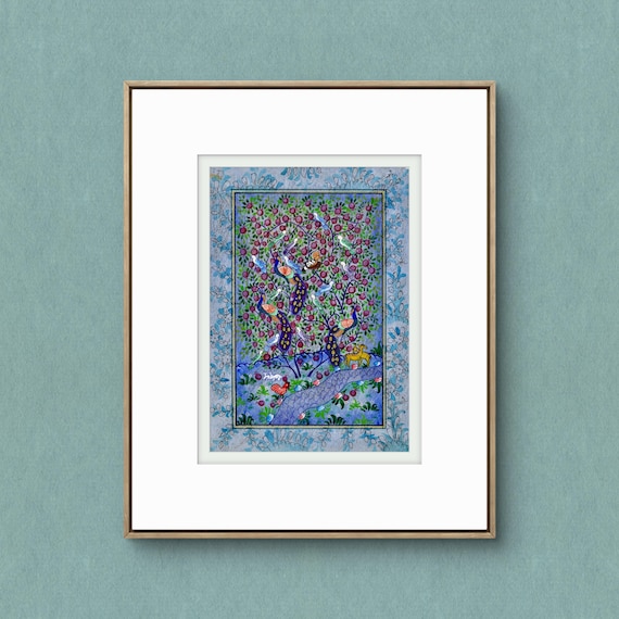 Tree of Paradise - Hoopoe Bird - Pomegranates Miniature Painting on Paper | Central Asian Cultural Heritage | Luxury Home Decor Art (MATTED)