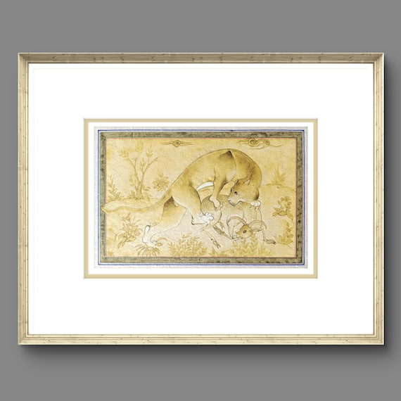 Majestic Miniature Illustration of a Lion Hunting Antelope | Painted on Fine Silk in Monochromatic Style, A Timeless Masterpiece of Fine Art