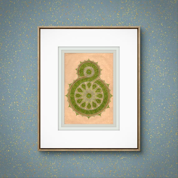 Symbol of Eternal Infinity | Persian Ornamental Painting | Sacred Geometry Artwork | Handcrafted Green & Gold Decorative Wall Art | UNFRAMED