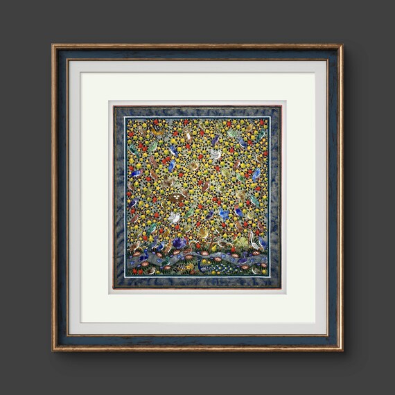 Tree of Paradise - Hoopoe Bird Miniature Painting on Antique Fine Silk Paper | Central Asian Cultural Heritage | Luxury Home Decor (MATTED)