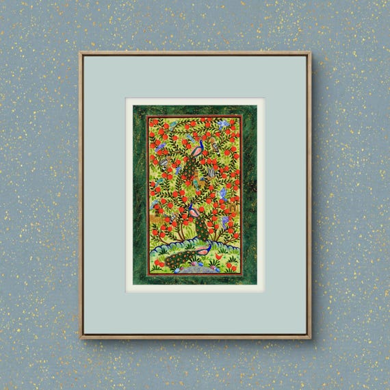 Tree of Paradise - Hoopoe Bird - Pomegranates Miniature Painting on Paper | Central Asian Cultural Heritage | Luxury Home Decor Art (MATTED)