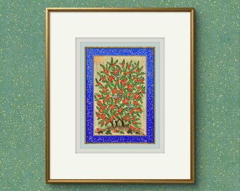 Tree of Paradise - Hoopoe Bird Miniature Painting on Antique Fine Silk Paper | Central Asian Cultural Heritage | Luxury Home Decor (MATTED)