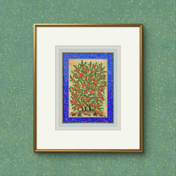 Tree of Paradise - Hoopoe Bird Miniature Painting on Antique Fine Silk Paper | Central Asian Cultural Heritage | Luxury Home Decor (MATTED)