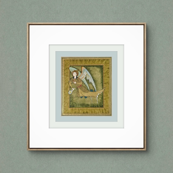 Illustration of Angel “PERI” Holding a Flask Historical Oriental Miniature reproduction | On Fine Antique Silk Paper | Exclusive piece