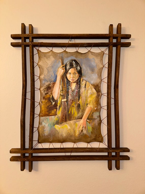 Art Fine Oil Painting Leather Art Wooden Handmade Native American Art Portrait Horse