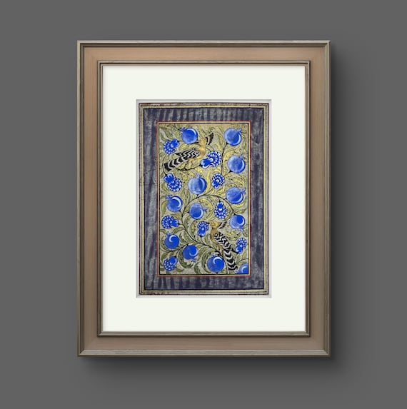 Tree of Paradise - Hoopoe Bird Miniature Painting on Antique Fine Silk Paper | Central Asian Cultural Heritage | Luxury Home Decor (MATTED)