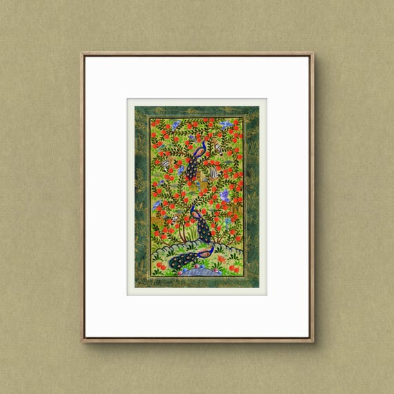 Tree of Paradise - Hoopoe Bird - Pomegranates Miniature Painting on Paper | Central Asian Cultural Heritage | Luxury Home Decor Art (MATTED)