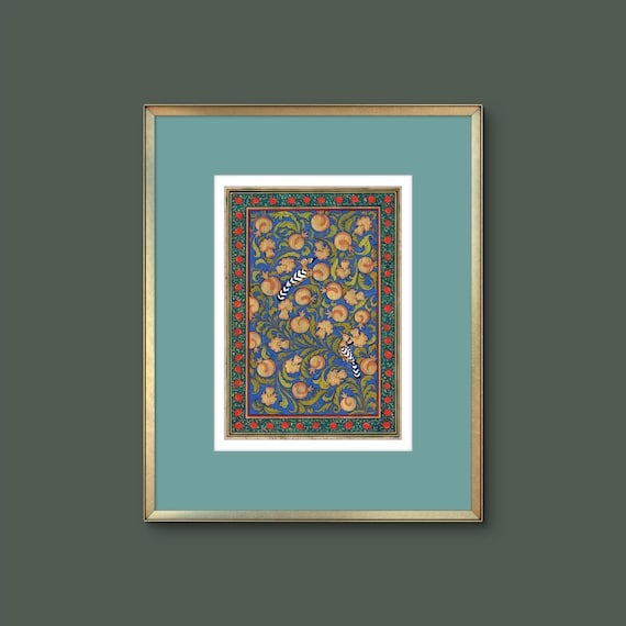 Tree of Paradise - Hoopoe Bird Miniature Painting on Antique Fine Silk Paper | Central Asian Cultural Heritage | Luxury Home Decor (MATTED)