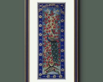 Tree of Paradise - Hoopoe Bird Miniature Painting on Antique Fine Silk Paper | Central Asian Cultural Heritage | Luxury Home Decor (MATTED)