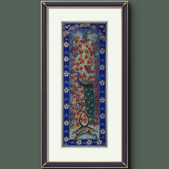 Tree of Paradise - Hoopoe Bird Miniature Painting on Antique Fine Silk Paper | Central Asian Cultural Heritage | Luxury Home Decor (MATTED)