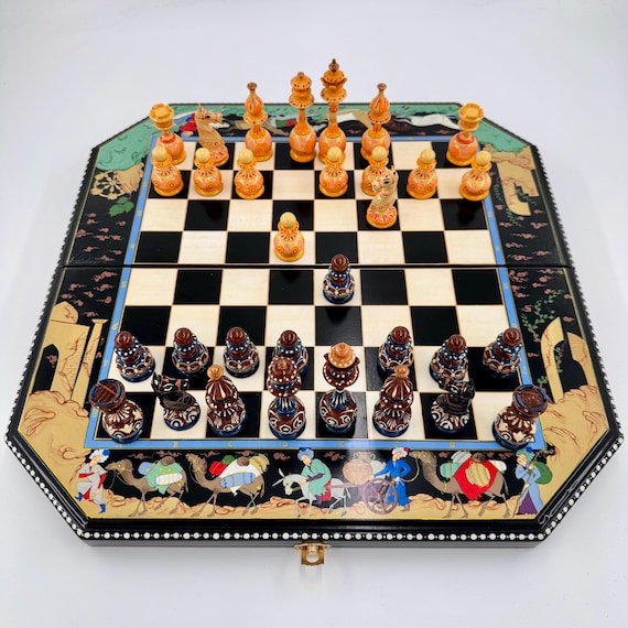 Handcrafted Walnut Chess Set - Luxury Chessboard with Nature-Inspired Motifs | Unique Design for Collectors & Enthusiasts | Lacquered 18x18