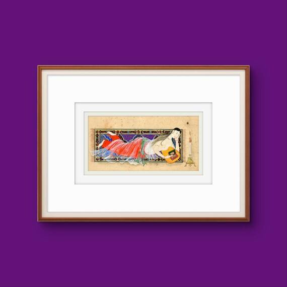 Whispers Beneath the Candlelight - Young Lady Reclining After Bath, Persian Miniature Inspired by Nizami’s Khamsa & Scenes of Timeless Grace