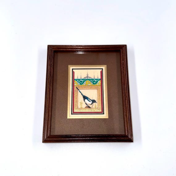 Ultra Fine Detailed Tiny Bird Painting - Exclusively Handcrafted Fine Walnut Frame | Luxury Interior Decoration - Micro Detailed Masterpiece