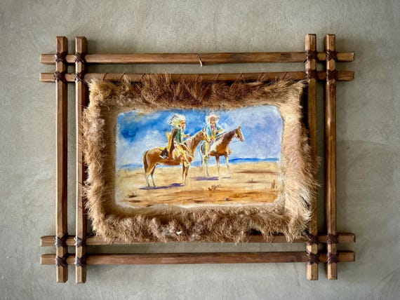 Timeless Spirit of the Great Plains – Oil Painting on Stretched Leather with Rustic Wooden Frame, A Tribute to Native American Heritage Art