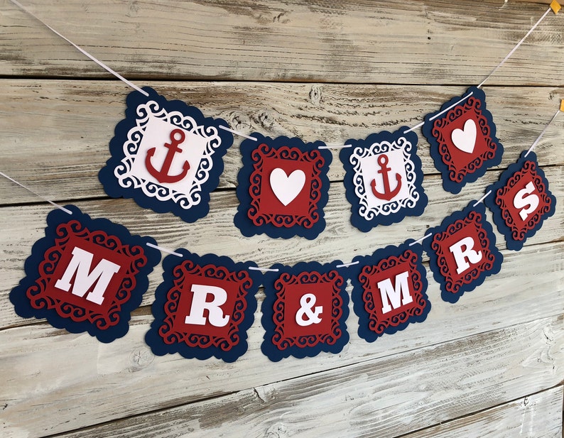 Mr and Mrs banner,Mr &Mrs Bachelorette Banner, Nautical Bridal Shower Decor, Bridal shower banner, Engagement ,Wedding,Heart bridal banner image 3