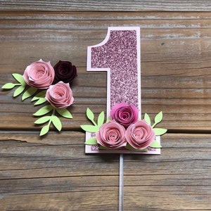 One Year Cake Topper, Floral Smash Cake, Floral Pink Cake Topper, Floral Topper, first birthday floral topper image 1