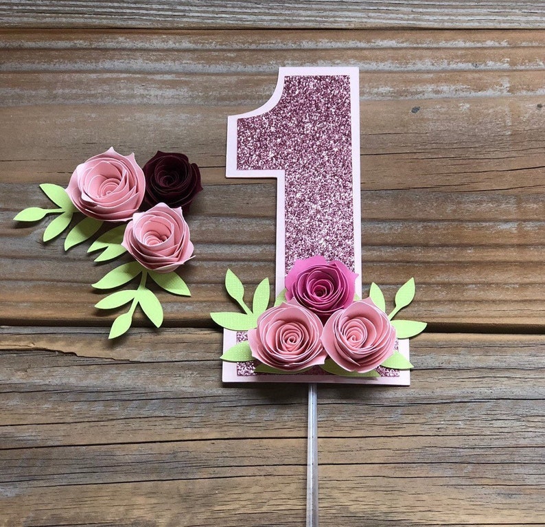 One Year Cake Topper, Floral Smash Cake, Floral Pink Cake Topper, Floral Topper, first birthday floral topper image 1