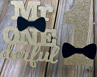 Mr Onederful e numero uno, 2 pcs Bow Boys Cake Topper, Gold Mr Wonderful Cake Topper, Gold e Black One torta Topper.