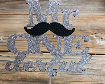 Mr Onederful Cake Topper, mustache Boys Cake Topper, Gold Mr Wonderful Cake Topper, Silver and Black One cake Topper.